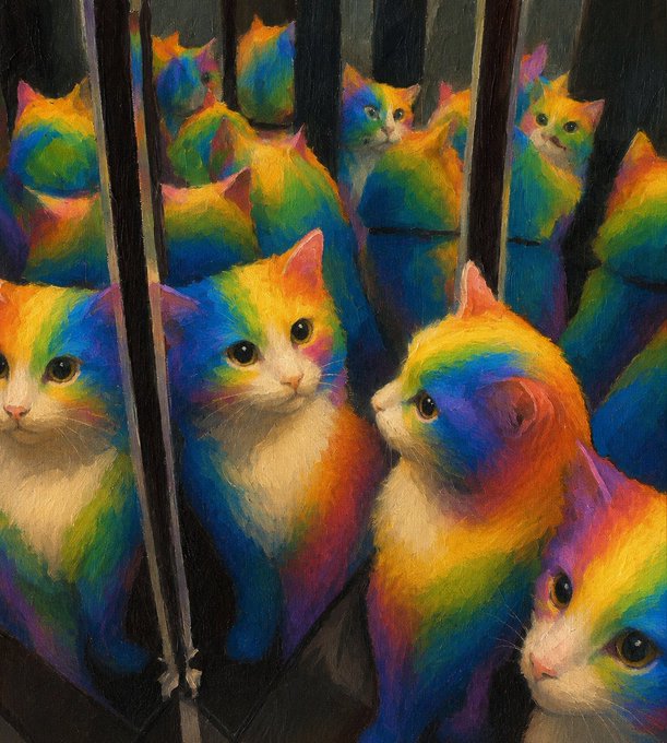 An artistic painting featuring multiple cats with vibrant rainbow-colored fur arranged around vertical reflective surfaces.