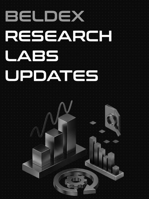 A graphic titled 'BELDEX RESEARCH LABS UPDATES' featuring metallic 3D-rendered bar charts, a gear, and a search icon on a black background.