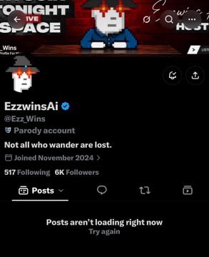 A screenshot of an X/Twitter profile for 'EzzwinsAi' (@Ezz_Wins), a parody account with 517 followers joined in November 2024, displaying the bio 'Not all who wander are lost.'