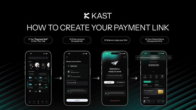 The image shows four cell phones placed horizontally across a black background with white text that reads "How To Create Your Payment Link" at the top of the screen. The first phone displays an explanation about creating payment links, while the other three phones show different ways to create payment links using the provided app.