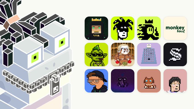 The image shows a collection of NFT profile pictures and artwork, including pixel art creatures, cartoon characters, and game-like sprites arranged in a grid next to an isometric gray tower structure. The "monkeyhood" text appears on one of the icons in the top row. The image illustrates the addition of new NFT communities, showcasing the various collections mentioned in the post such as H00dle, Monkeyhood, Gremlin Cartel, Quotrons, Spritehood Wisps, Stackers, Broker Punks, Script Kiddies, Robinhood Kitties, Bulls Runners, Yardkeepers, and Zaibatsu Wagies.