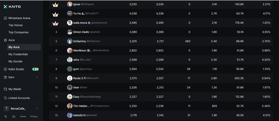 A screenshot of the KAITO platform showing a leaderboard titled 'Top Voices' with users like 'ignas @DefiIgnas' and 'Yu Hu @Punk9277' ranked at the top with scores around 5,035 and 4,338 respectively.