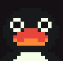 A pixel-art penguin with large white-rimmed eyes and an orange-red beak, designed in a style reminiscent of classic retro video game characters, fitting the post's theme of nostalgic pop culture references in the 1/1 FormsArt collection by @ord9882.