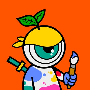 A cartoon illustration of a character with a large eye, a yellow lemon-shaped head with a green leaf, holding a paintbrush and wearing a colorful paint-splattered outfit against an orange background.