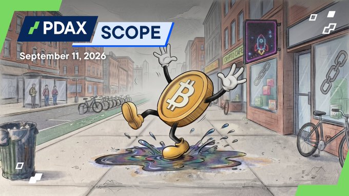 An illustrated promotional image showing a cartoon Bitcoin coin character walking through a puddle, with text reading 'PDAX SCOPE September 11, 2026'.