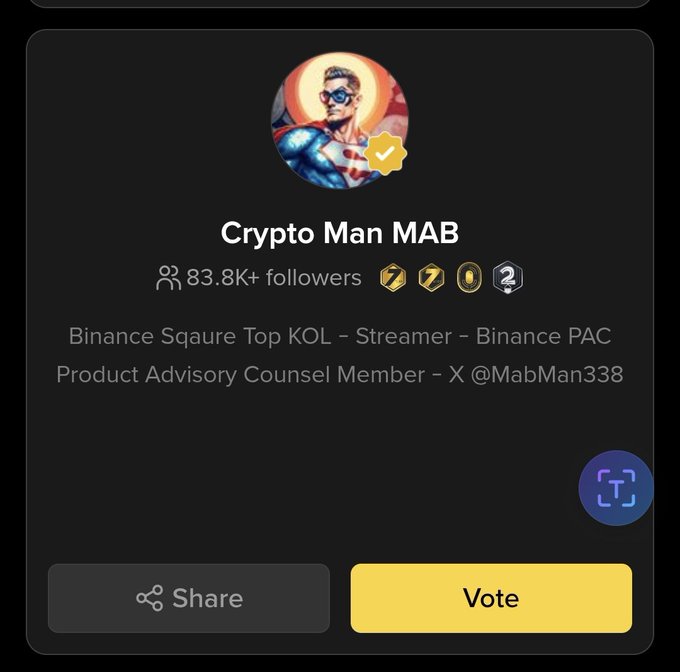 A profile card showing 'Crypto Man MAB' with 83.8K+ followers, described as 'Binance Square Top KOL - Streamer - Binance PAC Product Advisory Counsel Member - X @MabMan404a,' with Share and Vote buttons.