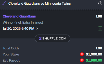 A Shuffle.com sports betting slip shows a $1,000 wager on the Cleveland Guardians to win outright (+1.98 odds) against the Minnesota Twins on July 20, 2026, with an estimated payout of $1,980—matching the poster's confident bet on "the indians" mentioned in the caption.