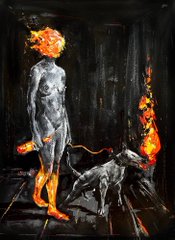 A dark, expressive painting shows a tall, gray-toned figure with a flame for a head standing beside a small dog, with bright orange flames licking up the right side of the composition, fittingly evoking GM's "Be the First to Bid" auction call to action.