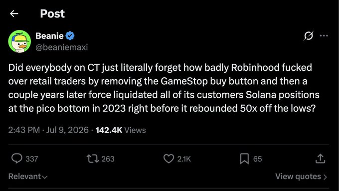 A screenshot of a post by Beanie (@beaniemaxi) criticizing Robinhood for restricting GameStop buying and force-liquidating customers' Solana positions at the 2023 lows before a 50x rebound, with 142.4K views. The post highlights perceived hypocrisy in Crypto Twitter's quick shift from criticizing Robinhood to promoting a meme coin, echoing the accompanying commentary about how quickly traders forgive platforms that harm them.