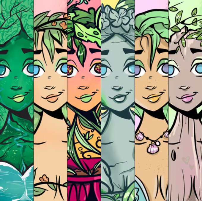 Six stylized, nature-themed female character variations in different skin tones (green, peach, pink, blue, tan, and gray) each adorned with leaves and floral elements on their heads, displayed in vertical panels. The image showcases a collection of MetaVixensNFT Tree characters with varied appearances, all featuring strikingly direct gazes that match the caption's emphasis on their captivating eyes.