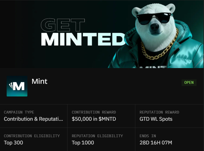 A promotional graphic featuring a polar bear mascot wearing sunglasses and a teal jacket with a gold chain, advertising a 'GET MINTED' campaign by 'Mint' offering $50,000 in $MNTD with 28D 16H 07M remaining.