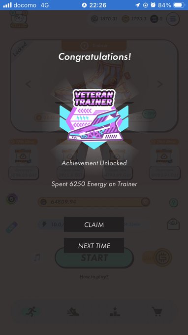 A mobile game screenshot showing a 'Congratulations!' message with a 'VETERAN TRAINER' achievement unlocked for 'Spent 6250 Energy on Trainer', with CLAIM and NEXT TIME buttons.