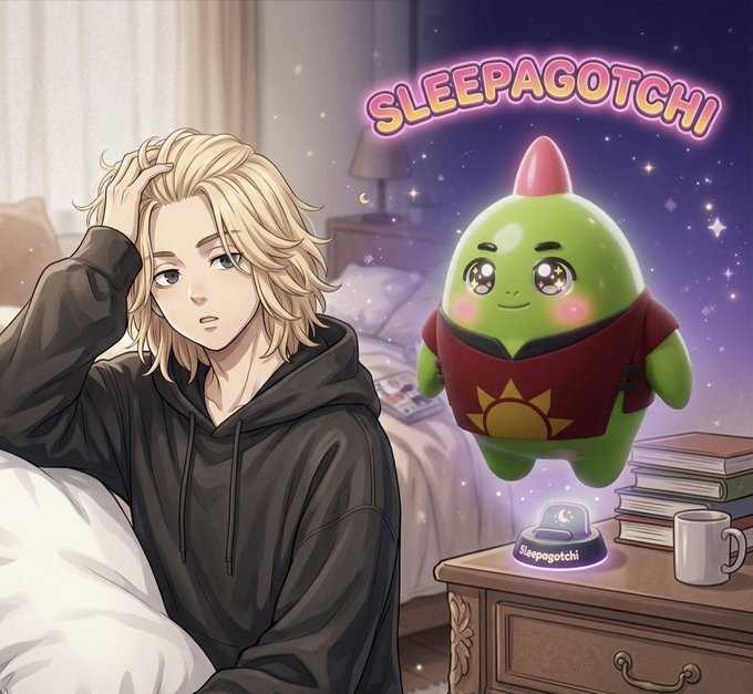 Anime-style illustration showing a blonde character sitting on a bed next to a green Tamagotchi-like creature wearing a red shirt, with 'SLEEPAGOTCHI' text and a starry background.