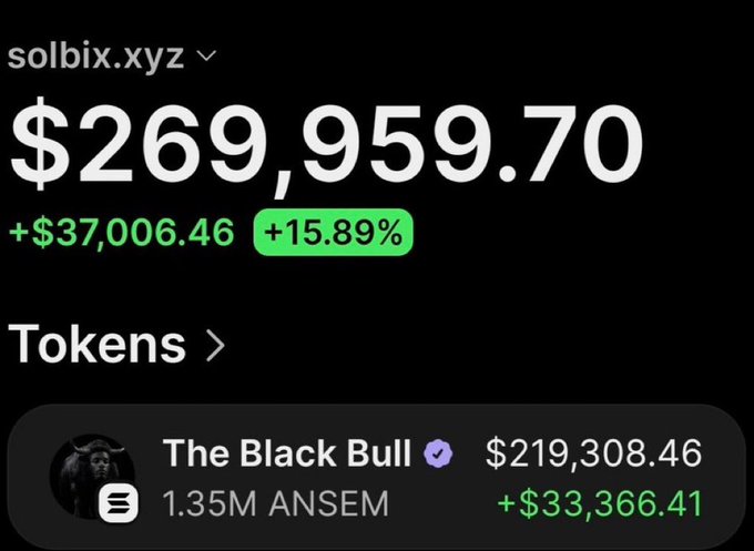 A screenshot displays a Solana wallet (solbix.xyz) showing a balance of $269,959.70 with a +15.89% gain, including a token called "The Black Bull" valued at $219,308.46. The image serves as a visual proof-of-profits accompanying the post, which encourages users to join a Telegram channel (@haileywelchdeg) by retweeting and turning on notifications, likely promoting the same "Black Bull" token or trading service as a get-rich-quick opportunity.