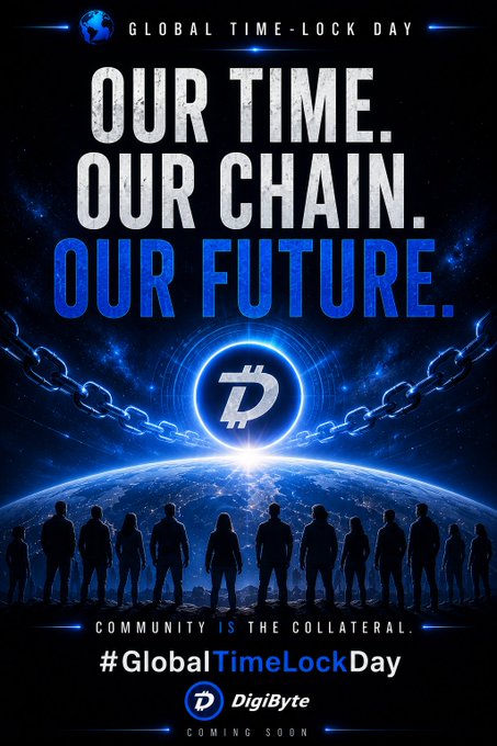 A dramatic space-themed poster for 'GLOBAL TIME-LOCK DAY' with the DigiByte logo, reading 'OUR TIME. OUR CHAIN. OUR FUTURE.' and 'COMMUNITY IS THE COLLATERAL.' alongside silhouettes of people.
