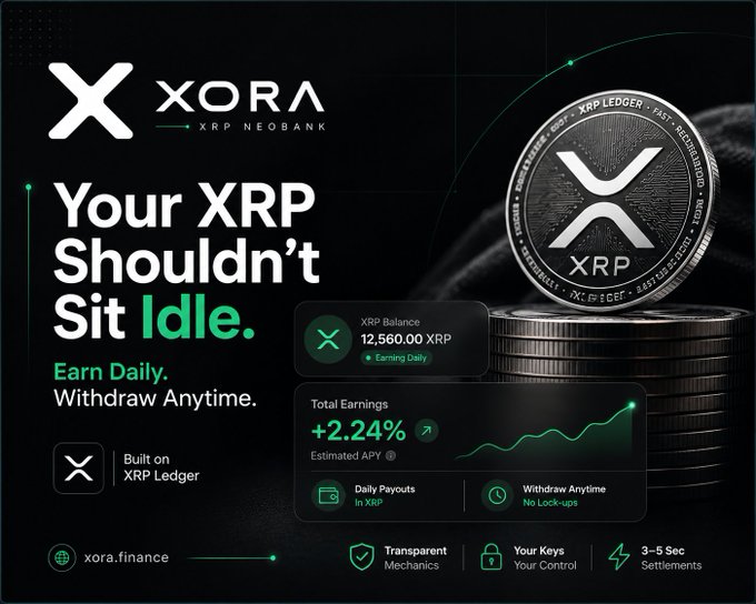 Promotional banner for XORA XRP Neobank with text 'Your XRP Shouldn't Sit Idle. Earn Daily. Withdraw Anytime.' showing a balance of 12,560.00 XRP, +2.24% earnings, and 'Built on XRP Ledger' with website xora.finance.