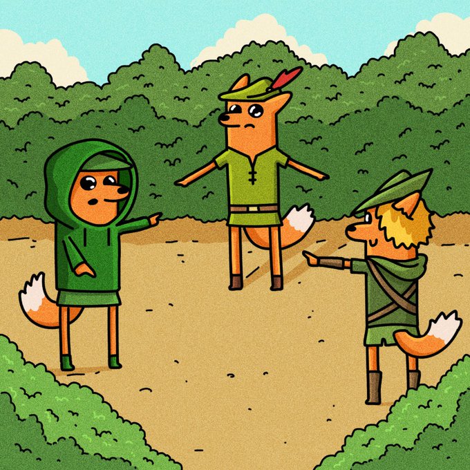 Three cartoon foxes dressed as Robin Hood characters stand in a forest clearing, appearing to point fingers at each other in a standoff. The illustration playfully depicts the "story of RobinHood" referenced in the post, celebrating the @OctoLaunch_ channel reaching 1,000 subscribers.