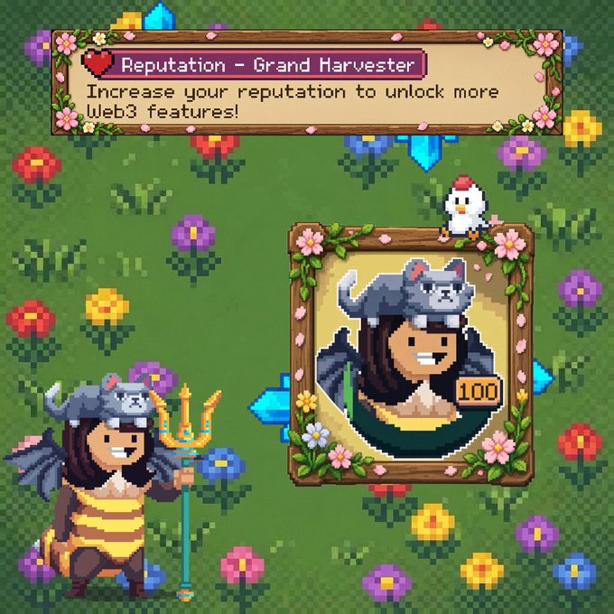 A pixel art game screenshot showing a character with a cat-eared helmet and trident, reaching 'Reputation - Grand Harvester' status with a notice reading 'Increase your reputation to unlock more Web3 features!'