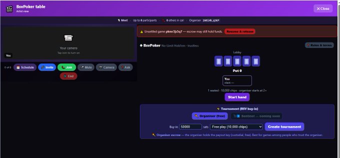 A screenshot of the BsvPoker lobby on BsvBsv.com, where a private "Test 0" No-Limit Hold'em table is set up at pot 0 with a Start hand button, alongside an option to create a tournament with a 50,000 sat buy-in. The interface shows muted features until the user joins and displays a notification that an escrowed game may still hold funds, matching the post's emphasis on decentralized escrow-based poker for up to 8 players.