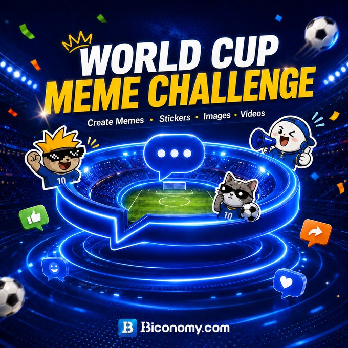 A vibrant promotional graphic for the "World Cup Meme Challenge" by Biconomy.com, featuring a glowing blue soccer stadium with cartoon mascots, a cat, and social media icons (like, share, heart, smiley) alongside a soccer ball and speech bubble, encouraging users to create football-themed memes, stickers, images, or videos to win follower rewards by following @BiconomyCom, liking, and reposting the post.