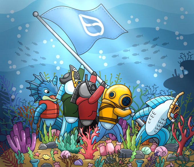 A colorful underwater cartoon scene shows various fish and scuba diving characters, including one holding a blue flag with the Sui logo, surrounded by coral, bubbles, and schools of fish.