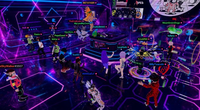 A vibrant virtual metaverse scene with neon pink and purple lighting, showing numerous avatar usernames including METATIGER, PAPED, MeanGreenDoge, BillyTeacoin, and others populating a digital club-like environment.