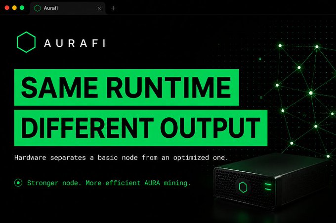 The image shows a black background with green text that reads "Same runtime. Different output". The text also includes a green box containing an image of a computer or server, which appears to be related to the Aura mining platform. The text suggests that upgrading hardware can improve the efficiency and performance of the mining process by providing a more optimized node for the Aura mining platform.