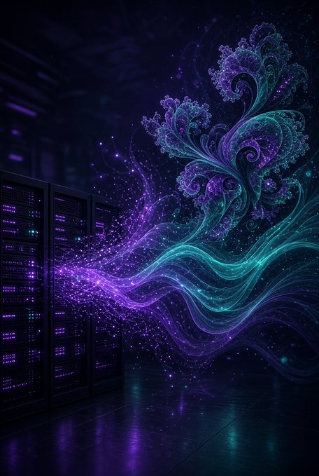 Digital artwork of server racks emitting swirling, luminous purple and teal fractal energy waves in a dark data center environment.