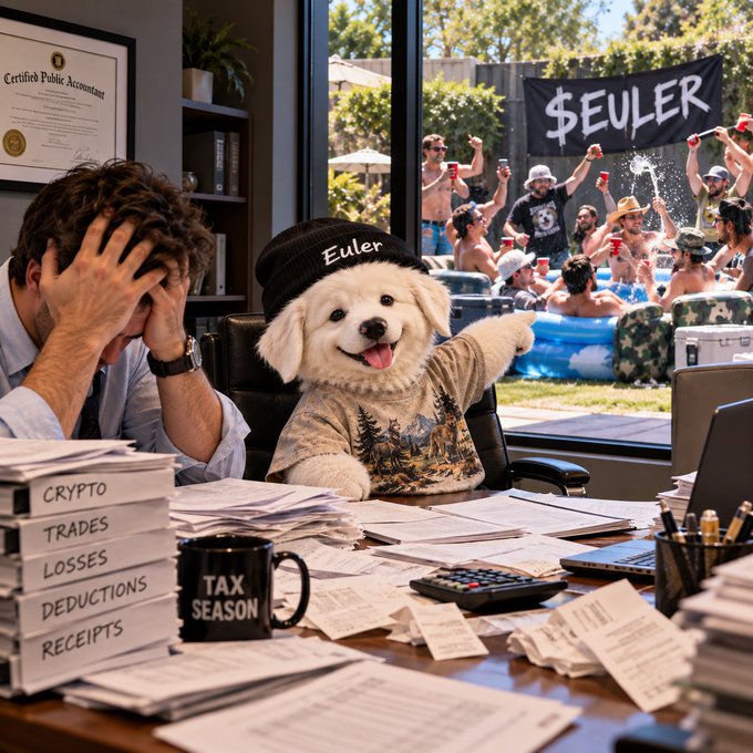 A stressed accountant with his head in his hands sits beside a white dog wearing an 'Euler' beanie, with stacks of papers labeled 'CRYPTO TRADES LOSSES DEDUCTIONS RECEIPTS' and a 'TAX SEASON' mug, while a pool party with an '$EULER' banner happens outside the window.
