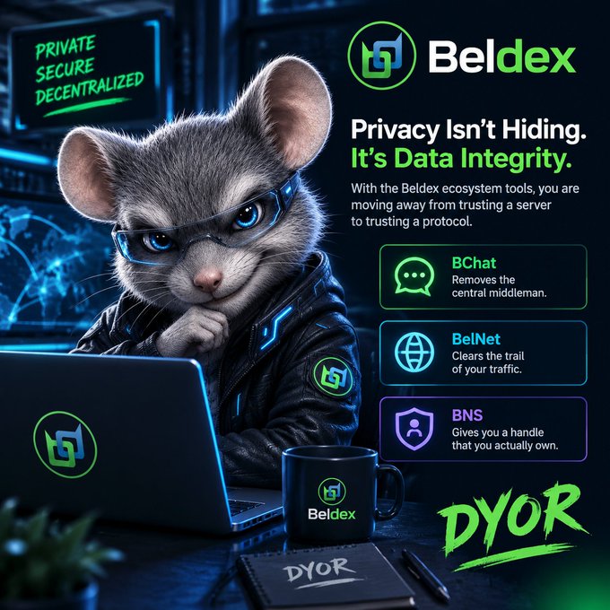 A promotional graphic for Beldex features a cyberpunk-styled cat in a leather jacket working on a laptop, alongside text highlighting 'BChat', 'BelNet', and 'BNS' with the slogan 'Privacy Isn't Hiding. It's Data Integrity.'