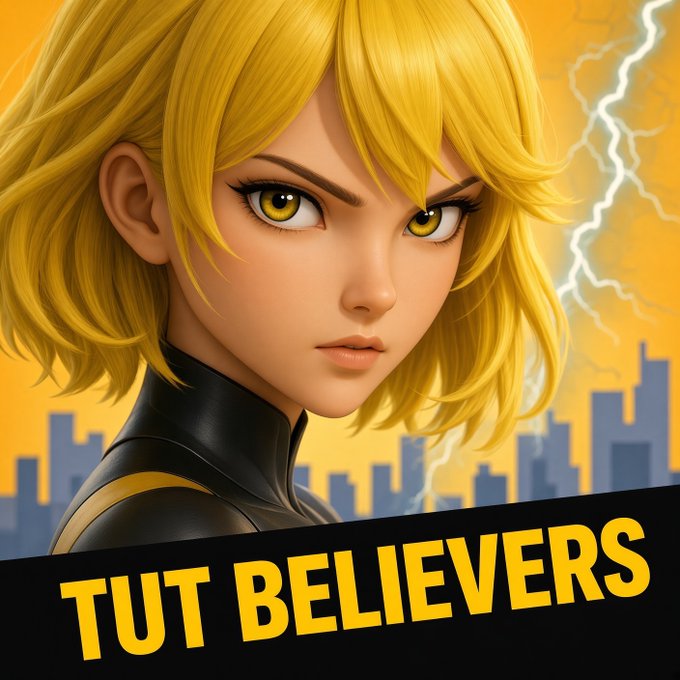 An anime-style character with short blonde hair and striking yellow eyes, wearing a black and yellow suit against a yellow background with lightning and a city silhouette, with bold text reading 'TUT BELIEVERS'.