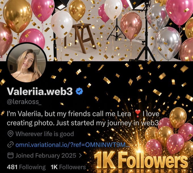 A celebratory Twitter/X profile card for Valeriia.web3 (@lerakoss_) showing '1K Followers', decorated with pink, gold, and silver balloons and gold confetti.