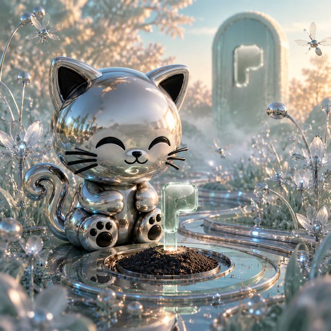 A silver chrome cat figurine sits in a whimsical garden of crystal flowers, holding a small sprout next to a patch of soil, with a stylized 'P' or hook shape visible in the background.