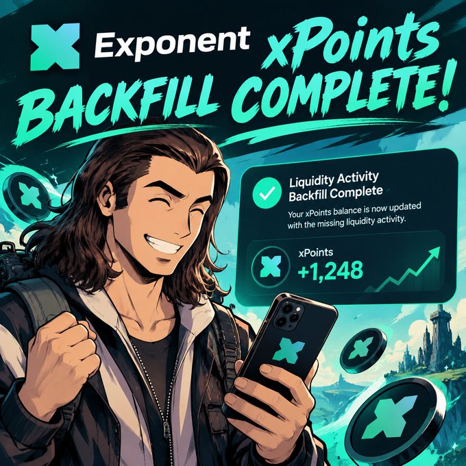 A promotional graphic reading 'Exponent xPoints BACKFILL COMPLETE!' featuring a smiling animated character holding a phone with xPoint logos, showing a Liquidity Activity notification with +1,248 xPoints earned.