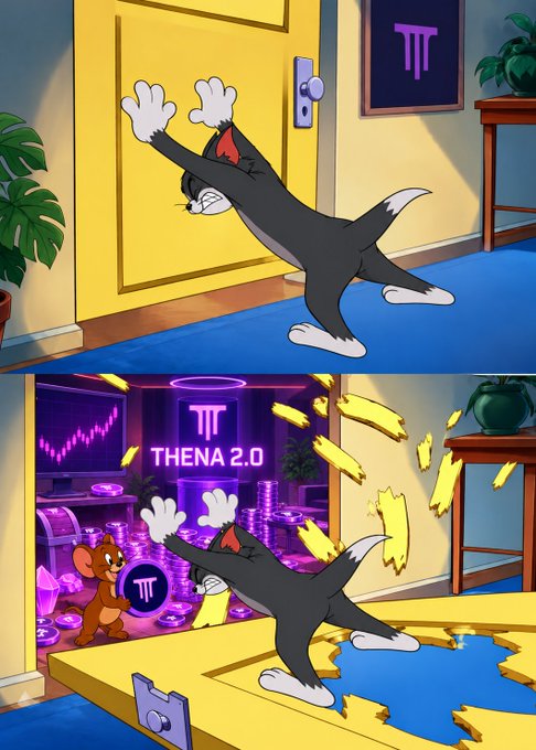 A two-panel cartoon showing Tom the cat straining to push open a yellow door; the top panel shows a normal room, while the bottom reveals a neon-lit room labeled "THENA 2.0" with Jerry the mouse inside.
