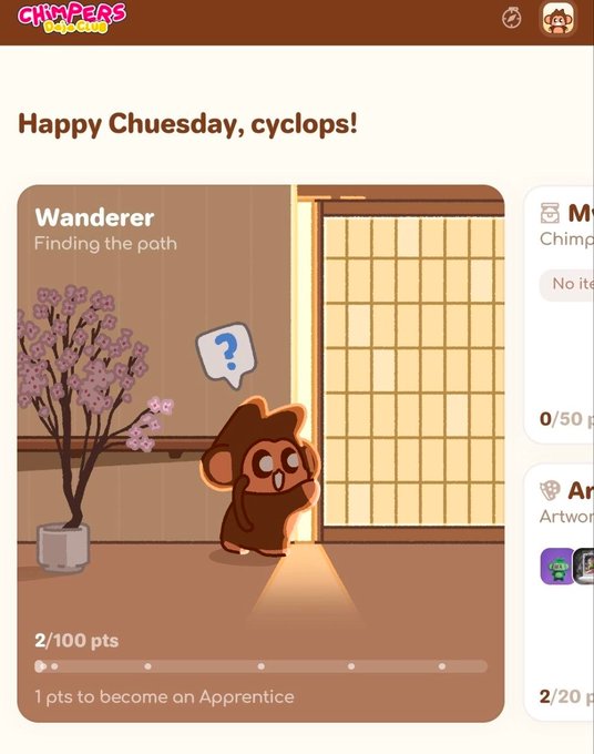 The image shows a cartoon character, possibly a monkey or a bear, standing next to a potted plant with flowers. The text in the image reads "Happy Chuesday, Cyclops! Wanderer finding path 2,100 points to become an Apprentice." This suggests that there is a game related to the popular video game series "Cyberpunk 2077" on display at this location.