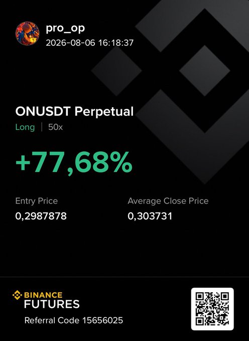 A Binance Futures screenshot showing a successful ONUSDT Perpetual Long trade at 50x leverage with a +77.68% gain, entry price 0.2987878 and average close 0.303731, referral code 15656025.