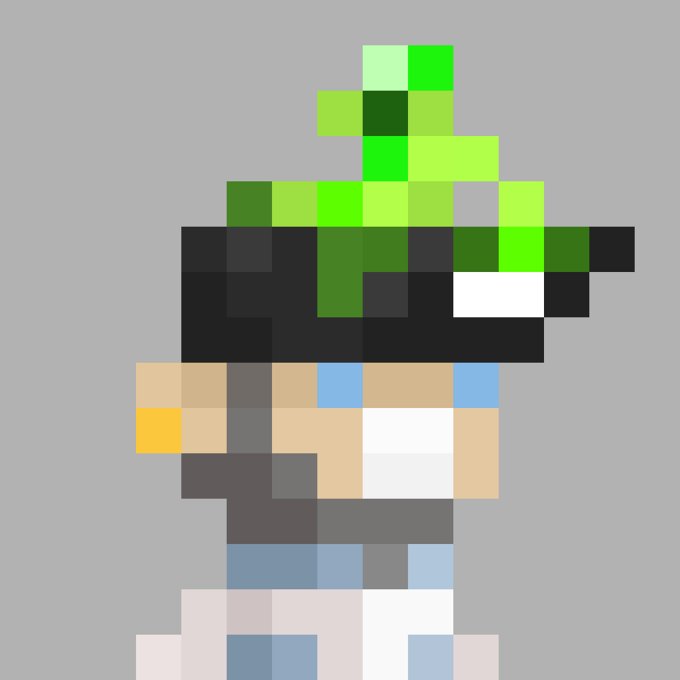 Pixel art illustration of a character with green sprouts/foliage growing from a black cap on top of their head.