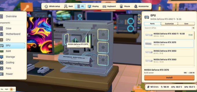 A screenshot of a PC building simulator game showing the GPU selection menu, with the 'NVIDIA GeForce RTX 3070' option being installed.