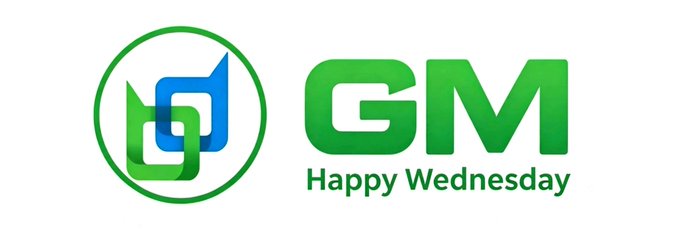 A green logo featuring interlinked shapes alongside the text 'GM Happy Wednesday'.