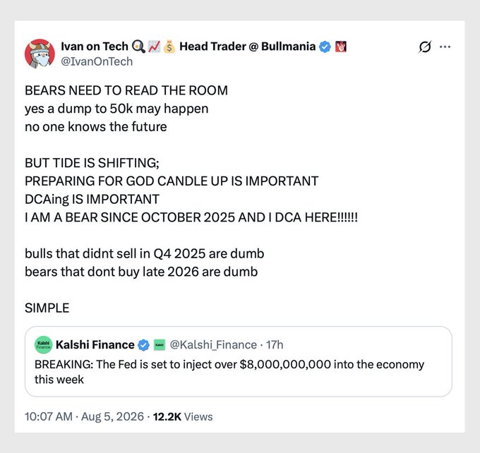 A tweet from @IvanOnTech dated August 5, 2026, arguing that bears need to "read the room" and that he's a bear since October 2025 DCAing into Bitcoin, quoting a Kalshi Finance post about the Fed injecting over $8 billion into the economy that week. The caption references Ivan going live with Ran on YouTube to discuss these macro signals and his bullish positioning despite his bearish stance.