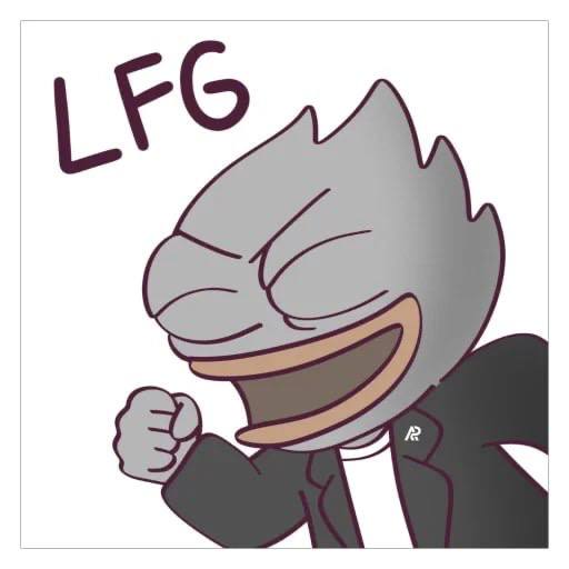 A cartoon character with a grey spiky head, closed smiling eyes, and a dark suit enthusiastically pumps their fist alongside the text 'LFG'.