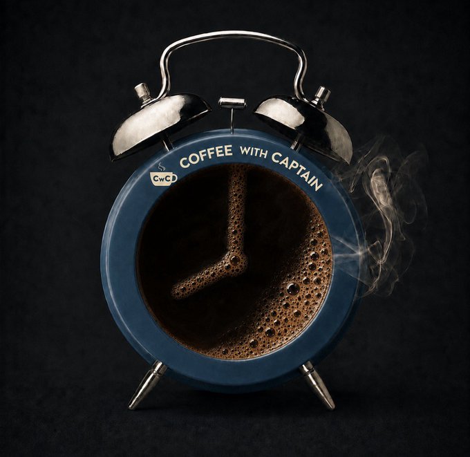 A blue vintage alarm clock filled with steaming coffee displays "COFFEE WITH CAPTAIN" along with a "CwC" logo, cleverly merging a wake-up alarm with coffee imagery to promote the morning show. The design visually reinforces the post's invitation for viewers to "clock in" and tune in to the live streaming session featuring the NFT launch and "Stonkbroker" interviews.