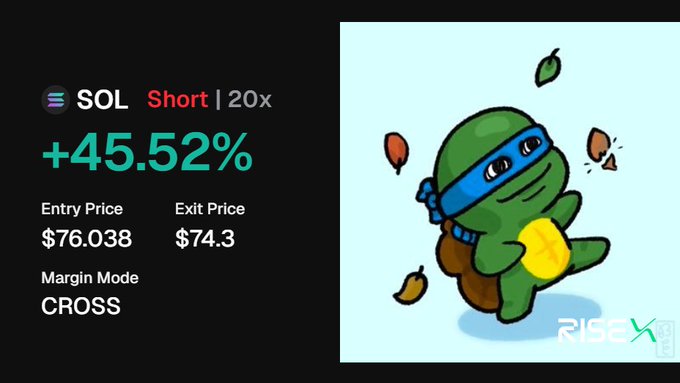 A trading screenshot displays a successful SOL short position with a +45.52% return at 20x leverage, showing an entry price of $76.038 and exit price of $74.3 in CROSS margin mode, accompanied by a cartoon Pepe frog ninja character to highlight the profitable trade referenced in the post.