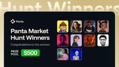 The image shows a "Panta Market Hunt Winners" graphic by Panta, displaying a $500 prize pool with congratulations to the winners featured in a grid of profile photos, celebrating the user's bounty win on the Superteam platform.