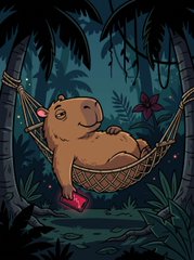 A cute illustration of a chubby capybara relaxing in a hammock in a jungle setting, holding a pink book.