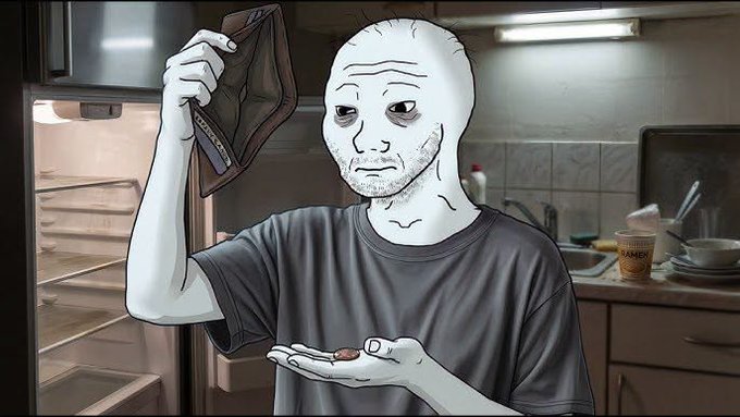 An illustrated scene in a kitchen featuring a pale, balding man with a sad expression holding open an empty refrigerator with one hand while holding a single small red item in his other open palm.