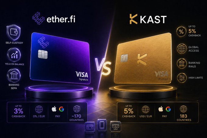 Comparison graphic between ether.fi and KAST Visa cards, contrasting ether.fi's blue card (up to 3% cashback, 0% fees in EUR, ~170 countries) with KAST's gold prepaid card (up to 5% cashback, USD/EUR, 183 countries) and features like self-custody, yield on balance, and banking SEPA.