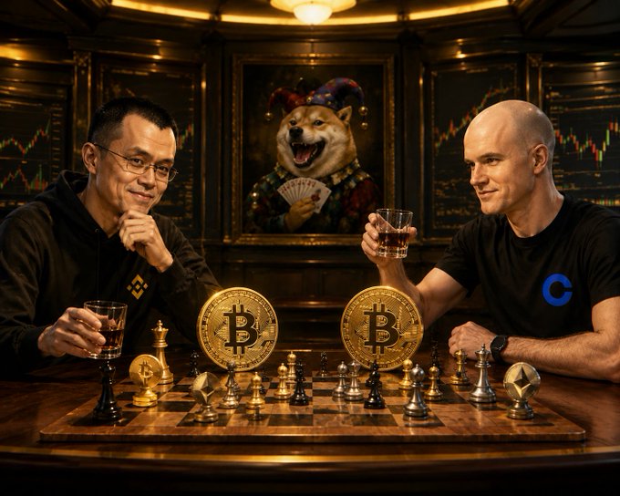 Two men sit at a chessboard with Bitcoin and Ethereum pieces, drinking whiskey, with a portrait of a Doge in a jester hat behind them and stock/crypto charts on the walls.