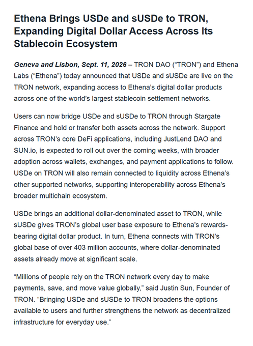 A press release titled "Ethena Brings USDe and sUSDe to TRON, Expanding Digital Dollar Access Across Its Stablecoin Ecosystem," dated Geneva and Lisbon, Sept. 11, 2026, featuring a quote from TRON Founder Justin Sun.